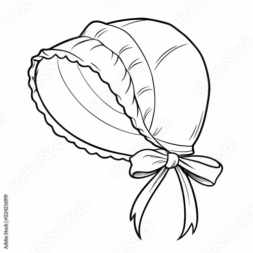 outline drawing of baby bonnet with bow for illustration and coloring book