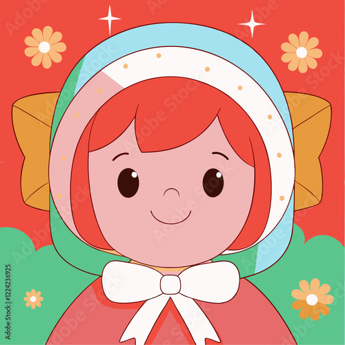 Cute smiling girl character with a headscarf and bow on a vibrant floral background with copy space