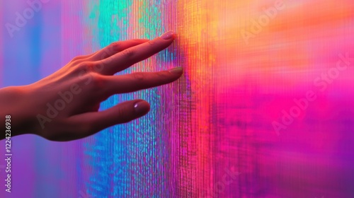 Hand Interacting with Vibrant Digital Art Display
