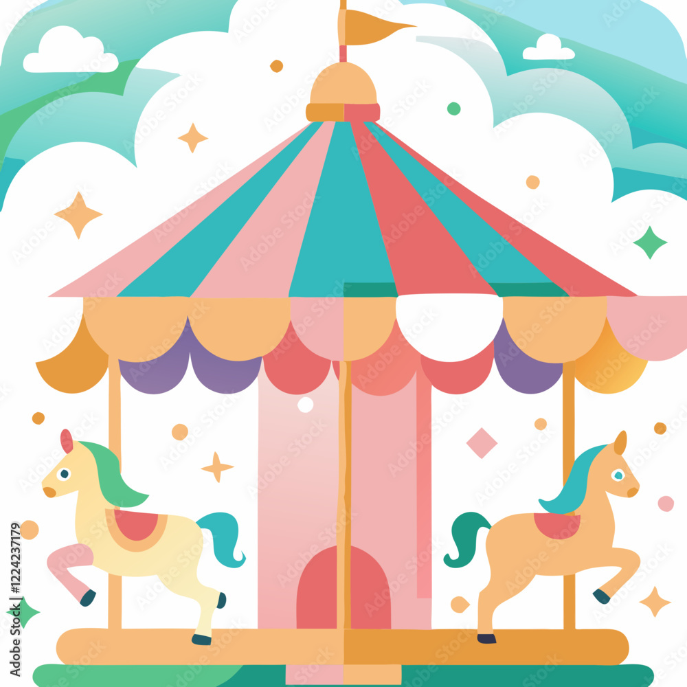 Obraz premium Playful carousel illustration featuring colorful horses, cheerful mood, designed in a modern graphic style