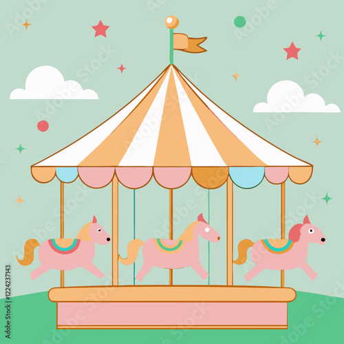 Charming carousel illustration with colorful horses, cheerful mood, designed in a playful graphic style