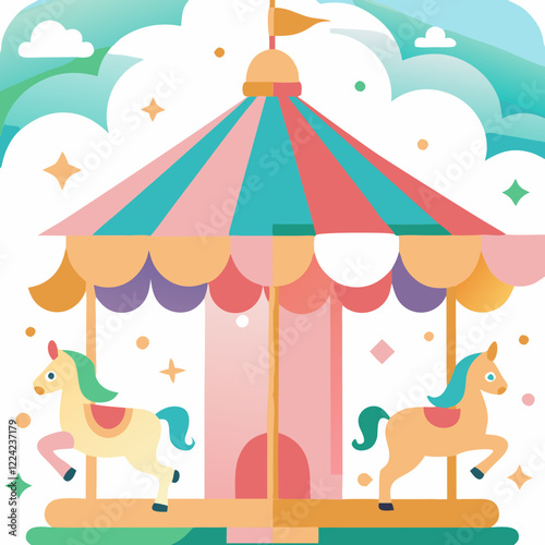 Playful carousel illustration featuring colorful horses, cheerful mood, designed in a modern graphic style