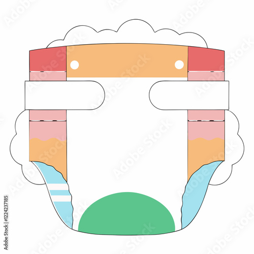 Colorful diaper illustration with playful patterns, cheerful mood, designed in a minimalist graphic style