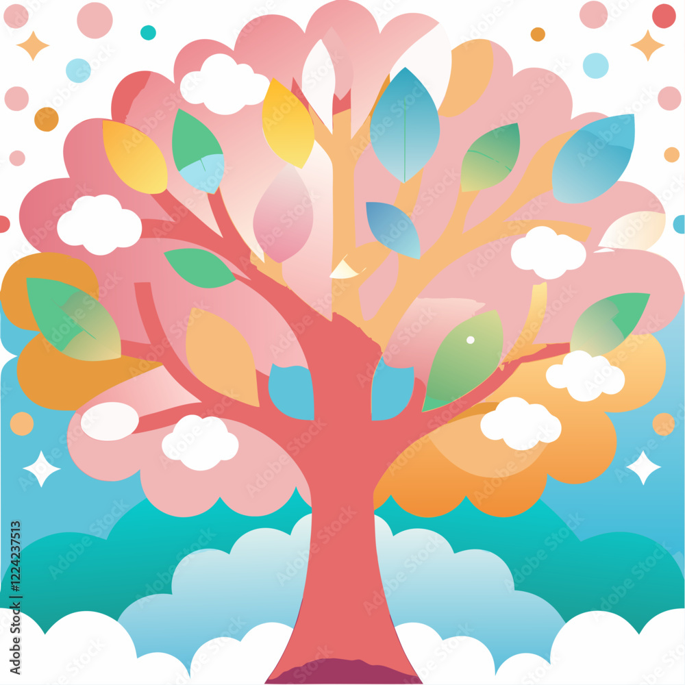 Fototapeta premium Vibrant tree illustration with colorful leaves and whimsical background, cheerful mood, designed in a playful art style