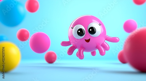 Playful Pink Octopus Among Colorful Spheres A Delightful 3d Render photo