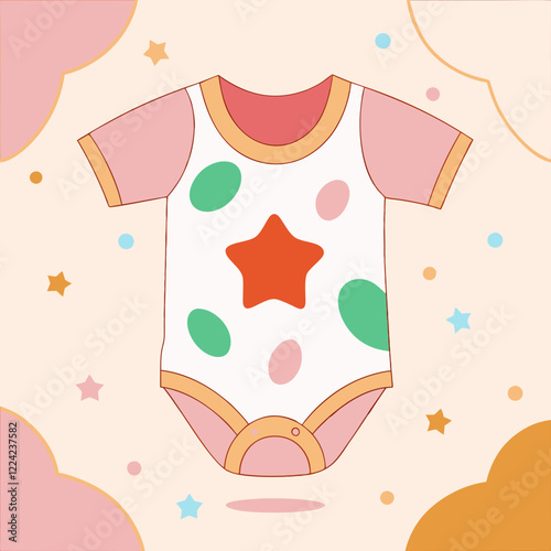 Colorful baby onesie illustration with playful patterns, cheerful mood, designed in a cute graphic style