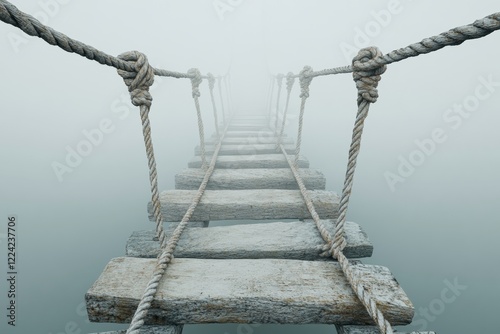 A bridge with a rope railing and a foggy sky in the background
