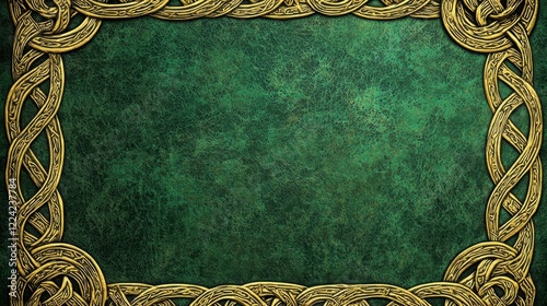 Intricate celtic knot frame on luxurious green leather texture