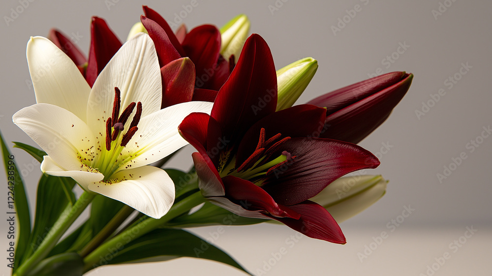 A stunning, simple yet elegant bouquet featuring vibrant red roses and pure white lilies, creating a beautiful contrast. The flowers are arranged gracefully, exuding romance and charm. A heart-shaped 