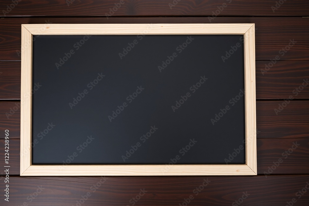 A blank black chalkboard with a simple wooden frame placed on a wooden surface. A blank black chalkboard with a simple wooden frame placed on a wooden surface.
