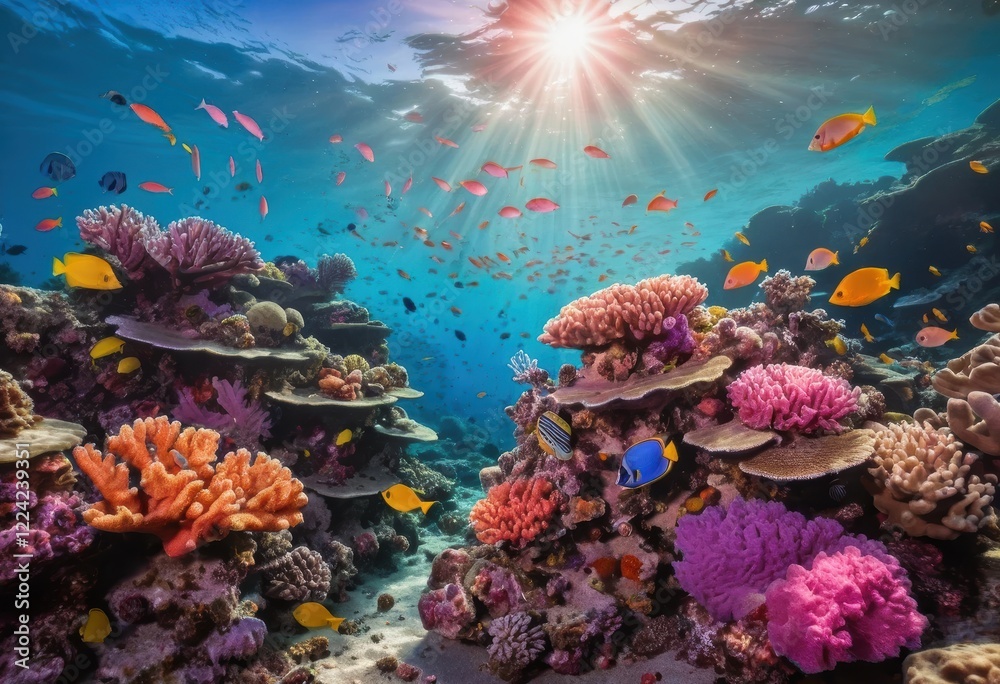 Fototapeta premium Vibrant Coral Reef Scene with Colorful Fish Swimming in Sunlit Ocean Water