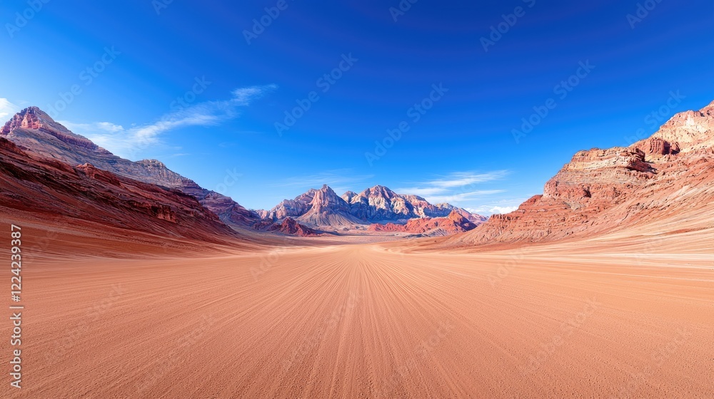 Naklejka premium Desert road leading to majestic mountains under a clear blue sky