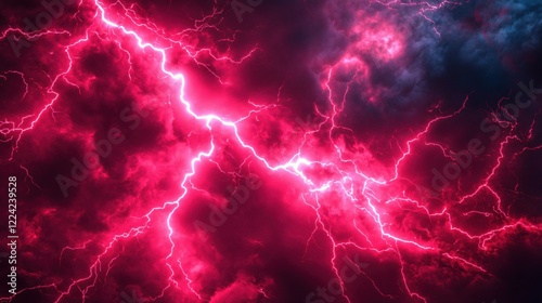 Intense pink lightning strikes across a dark cloudy sky creating a dramatic and powerful scene