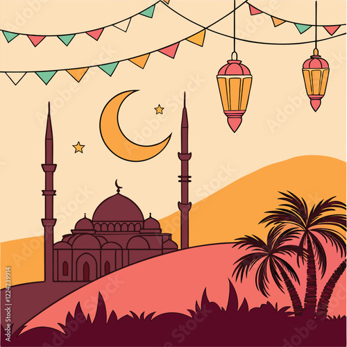 Create a vibrant Ramadan scene featuring a crescent moon, lanterns, and a mosque at sunset