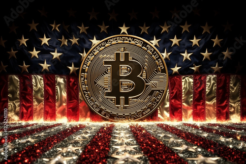 Bitcoin BTC Symbol Münze mit USA Fahne Stars and Stripes im Hintergrund im 3:2 Querformat. Generative AI. photo