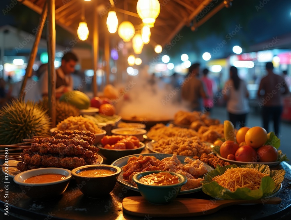 Vibrant Malaysian street food stall at a bustling night market Vibrant Malaysian street food stall at a bustling night market