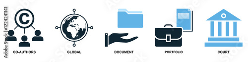 Collection of intellect property icons in vector format showcasing symbols like brain, light bulb, gears and patents. Ideal for education, innovation and intellectual themes.