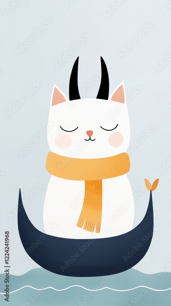 Fototapeta premium A cute watercolor illustration of a Viking cat with a horned helmet and fluffy scarf sitting on a longship, the concept of Copyspace and the Generation of new ideas.