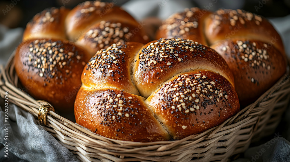 Freshly Baked Bread Rolls in a Rustic Wicker Basket