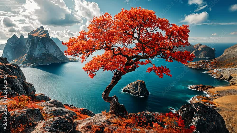 big red pine tree at mountain top with ocean view