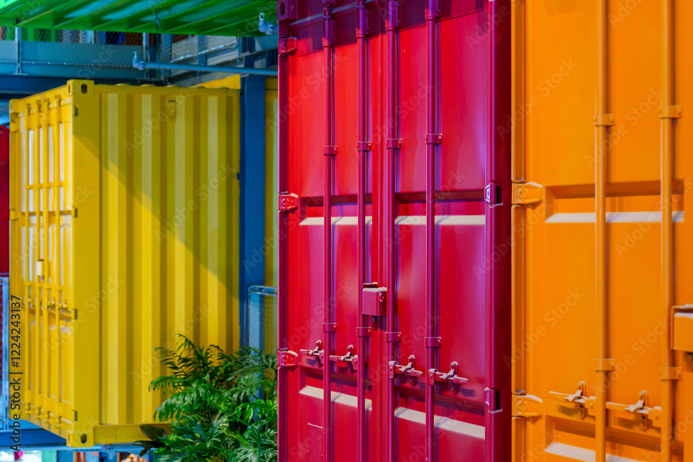 Warehouse building with various colorful shipping containers