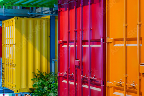 Warehouse building with various colorful shipping containers