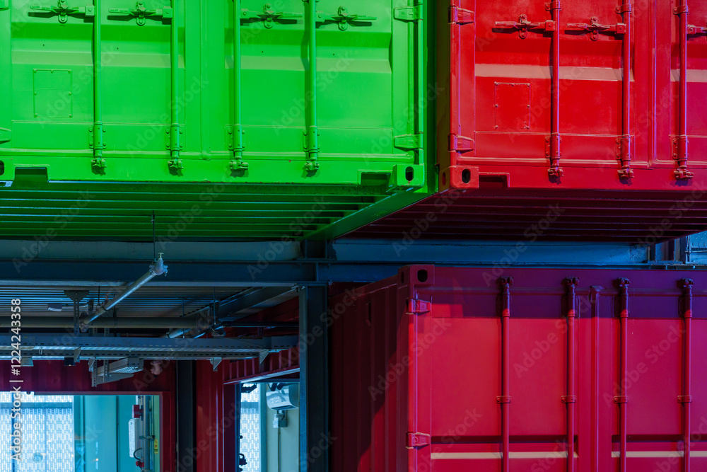 Warehouse building with various colorful shipping containers