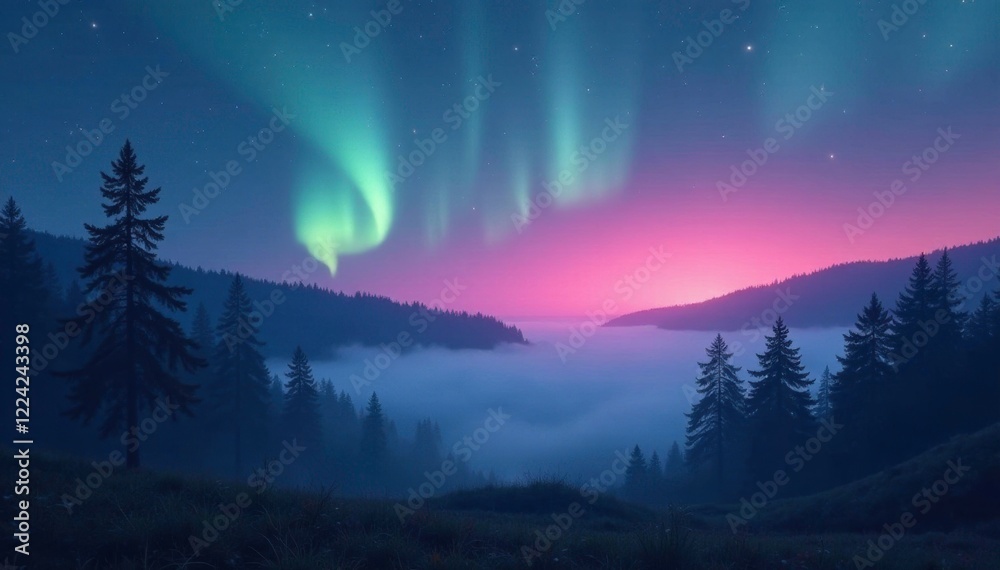 Fototapeta premium Softly glowing aurora borealis above misty forest, ethereal, aurora borealis, serene