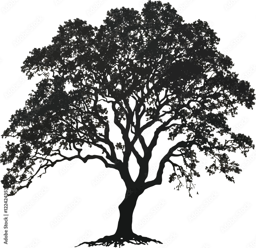Obraz premium A Silhouette of a Large Tree with Spreading Branches, Black silhouette of a large tree with thick branches, 