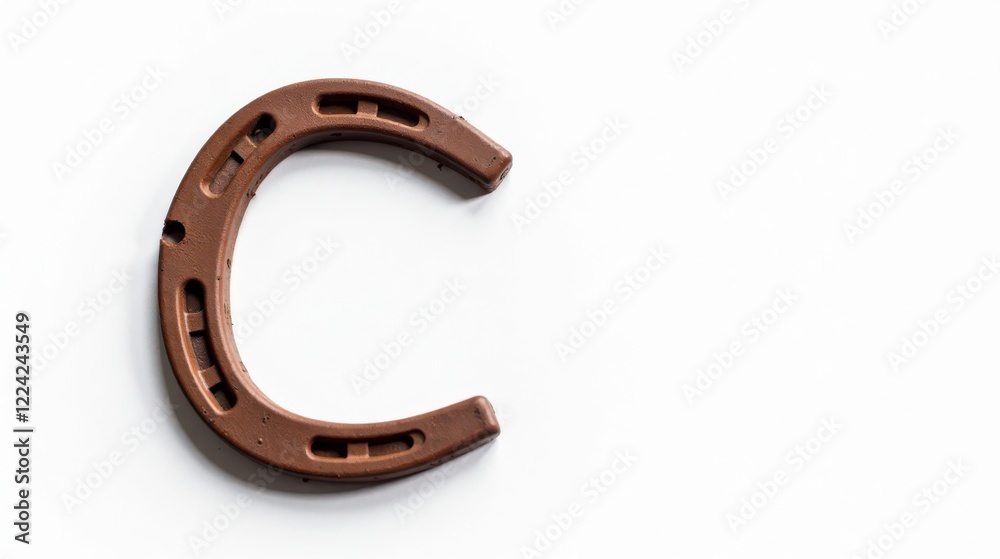 A single brown horseshoe rests on a plain white background, showcasing its detailed craftsmanship and rustic charm. A single brown horseshoe rests on a plain white background, showcasing its detailed craftsmanship and rustic charm.