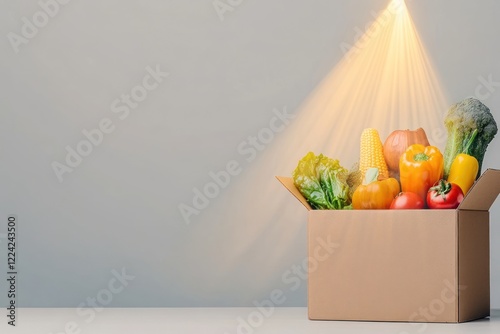 Food Donation Drive: Volunteering to Help Poor Families, Migrants, and Refugees with Groceries in Cardboard Box for Charity and Food Bank photo