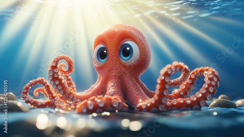 Cute cartoon octopus ocean floor sun rays underwater animation