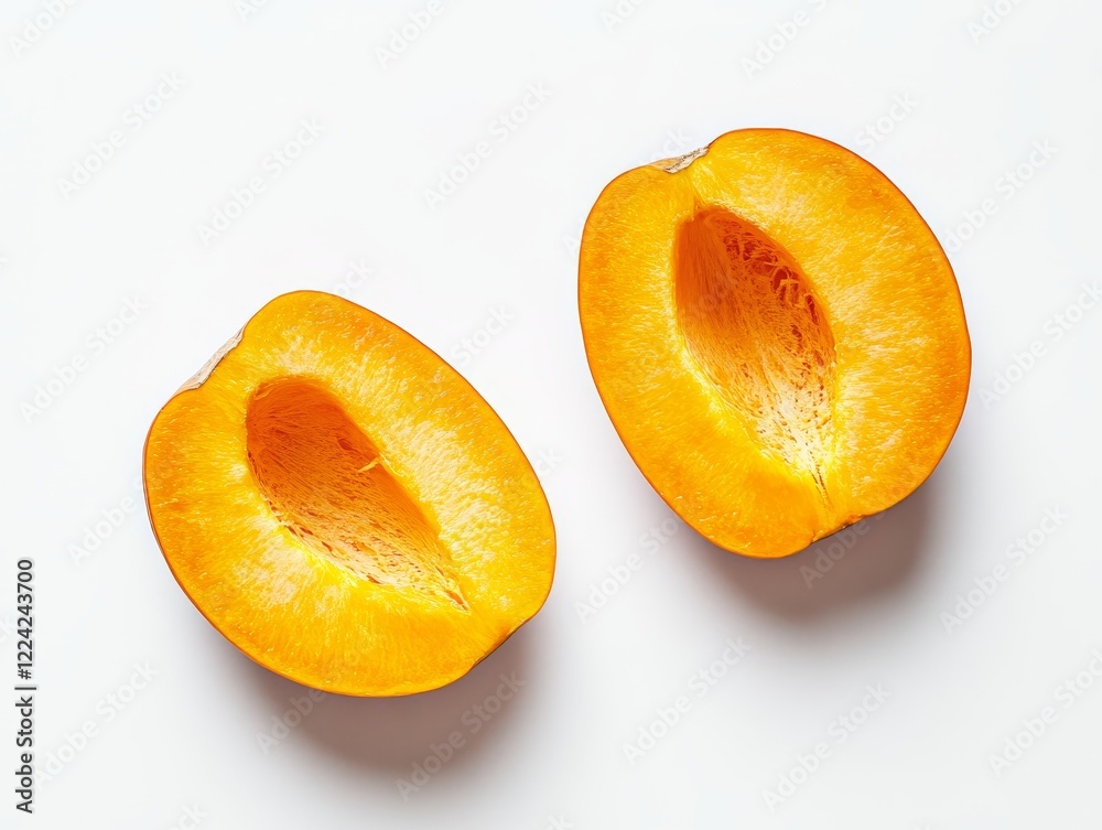 Two halved ripe apricots on white background. Two halved ripe apricots on white background.