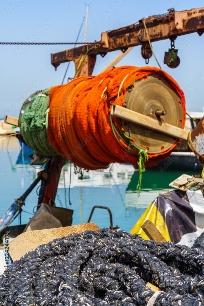 Fishing net and boats, historic port of Jaffa