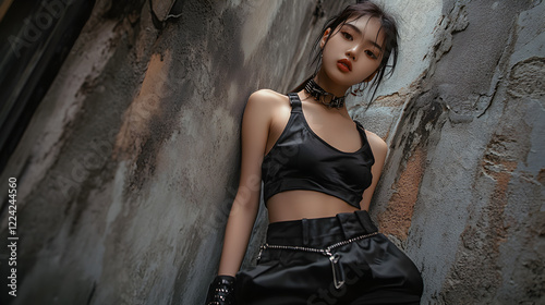 Asian teen girl fashion model in a sleek, all-black outfit with edgy accessories leans against a textured wall in an urban alleyway, radiating a modern and rebellious attitude 