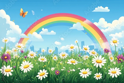 A field of flowers with a rainbow in the sky