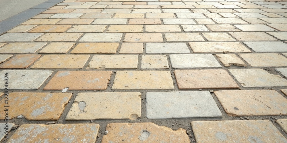 Fototapeta premium A Recessed Perspective of a Pavement Composed of Varied-Colored Rectangular Stone Blocks, Showing Subtle Variations in Hue and Minor Imperfections