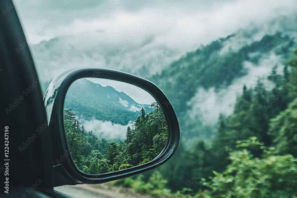 Misty mountain road trip view in car mirror Misty mountain road trip view in car mirror