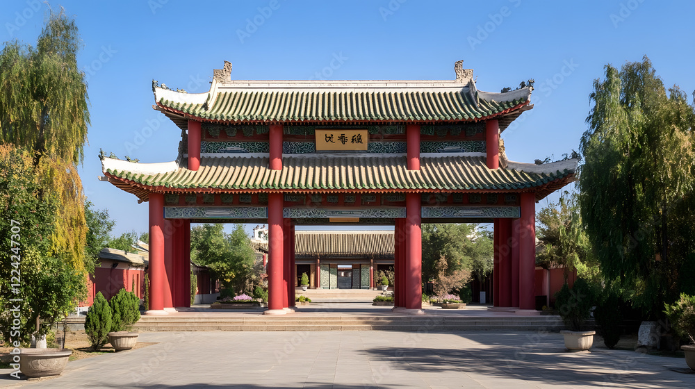 Grand Entrance of Traditional Chinese Temple With Ornate Roof and Scenic Surroundings : Generative AI Grand Entrance of Traditional Chinese Temple With Ornate Roof and Scenic Surroundings : Generative AI