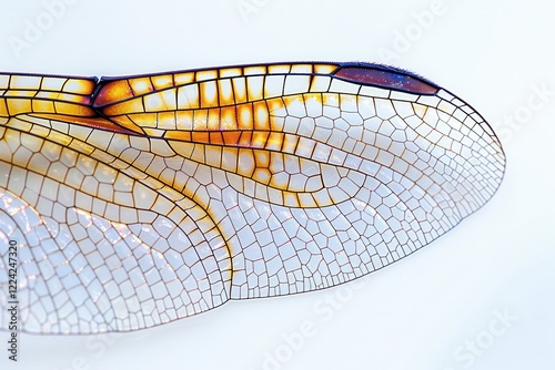 Delicate details of a dragonfly wing highlighting intricate patterns and vibrant hues under soft lighting isolated on transparent background