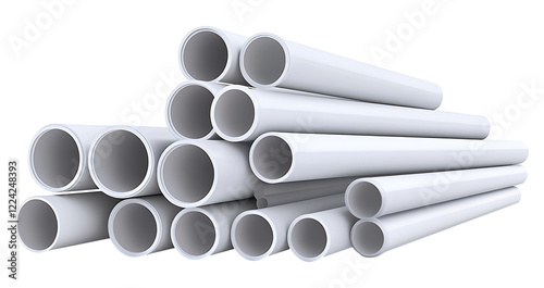 Stack of white PVC pipes. Industrial material. photo