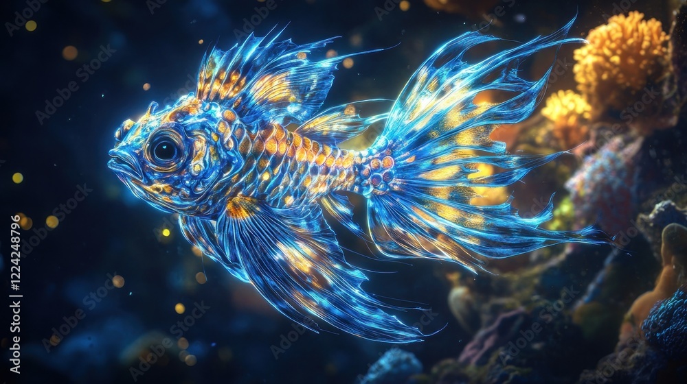 Naklejka premium Glowing fish swims coral reef, ocean background, digital art