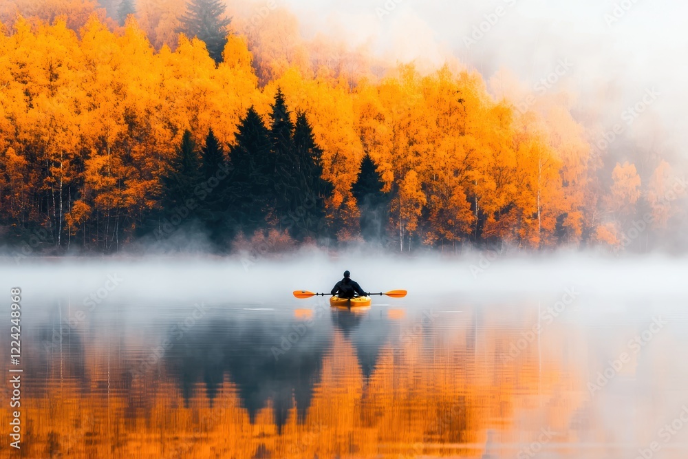 Fototapeta premium Serene Kayaking Through Autumn Mist on a Calm Lake