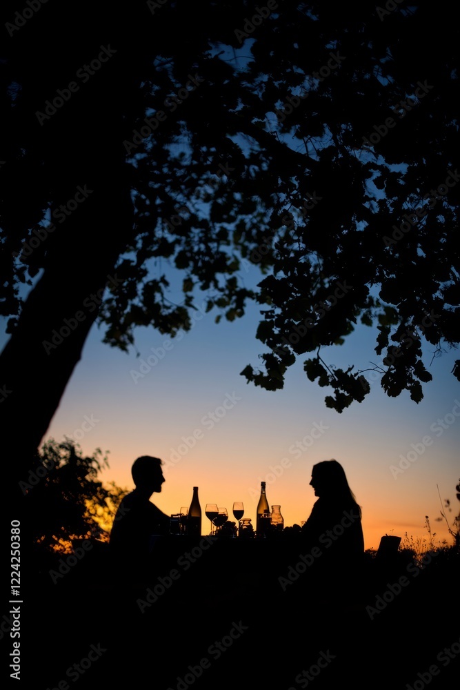Romantic Sunset Dinner Outdoors with Silhouetted Couple Enjoying Wine and Nature Under Tree Canopy Romantic Sunset Dinner Outdoors with Silhouetted Couple Enjoying Wine and Nature Under Tree Canopy