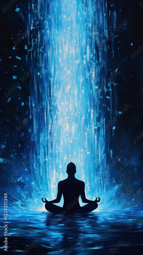 Silhouette of Person Meditating in Front of a Luminous Blue Waterfall in a Tranquil Setting Silhouette of Person Meditating in Front of a Luminous Blue Waterfall in a Tranquil Setting