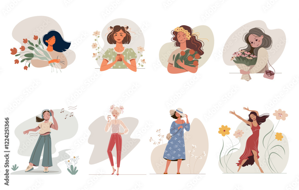 Set of summer vector illustration with beautiful young women with a flowers and cup of coffee. Portraits or avatars for social network. Nice happy girls enjoy life in pleasure and inspiration. Set of summer vector illustration with beautiful young women with a flowers and cup of coffee. Portraits or avatars for social network. Nice happy girls enjoy life in pleasure and inspiration.