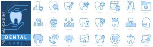 DENTAL CARE ICON SET with dentist, dental checkup, anesthesia, tooth jewelry, dental treatment, dental record, clinic and tooth extraction