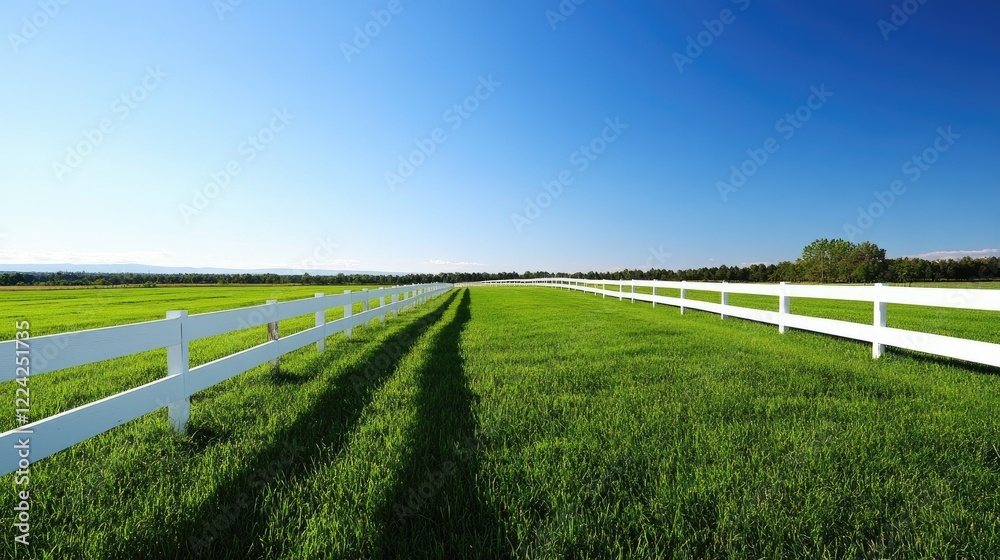 A vibrant field of green grass stretches out to meet a crisp white fence, all under a clear and cloudless blue sky A vibrant field of green grass stretches out to meet a crisp white fence, all under a clear and cloudless blue sky
