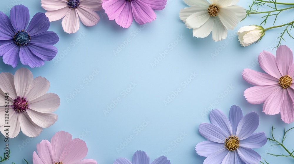 Pastel cosmos flower frame, blue background, flatlay, spring design Pastel cosmos flower frame, blue background, flatlay, spring design
