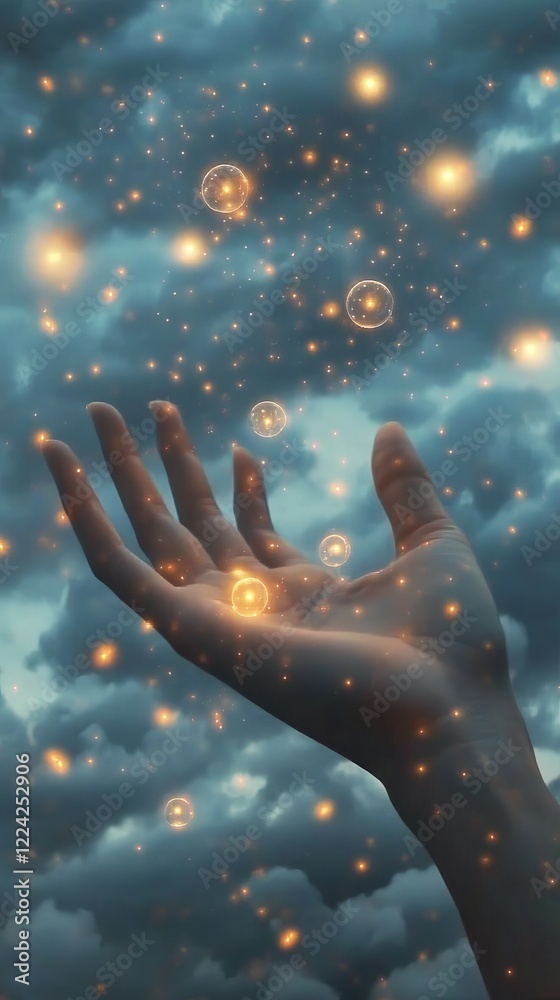 Enchanting Hand Reaching for Glowing Orbs Against a Dramatic Cloudy Sky at Dusk Enchanting Hand Reaching for Glowing Orbs Against a Dramatic Cloudy Sky at Dusk